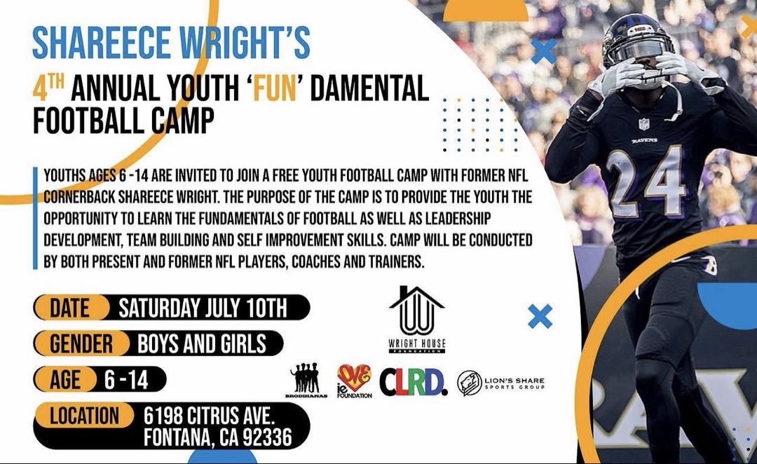 4th Annual Youth FUNdamental Football Camp flyer by Shareece Wright in Fontana with Wright House Foundation