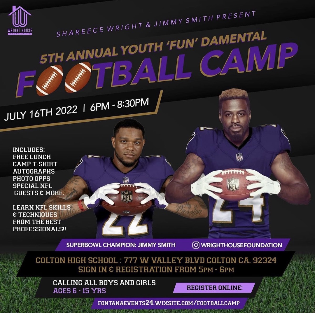 5th Annual Youth FUNdamental Football Camp flyer with Shareece Wright and Super Bowl Champion Jimmy Smith