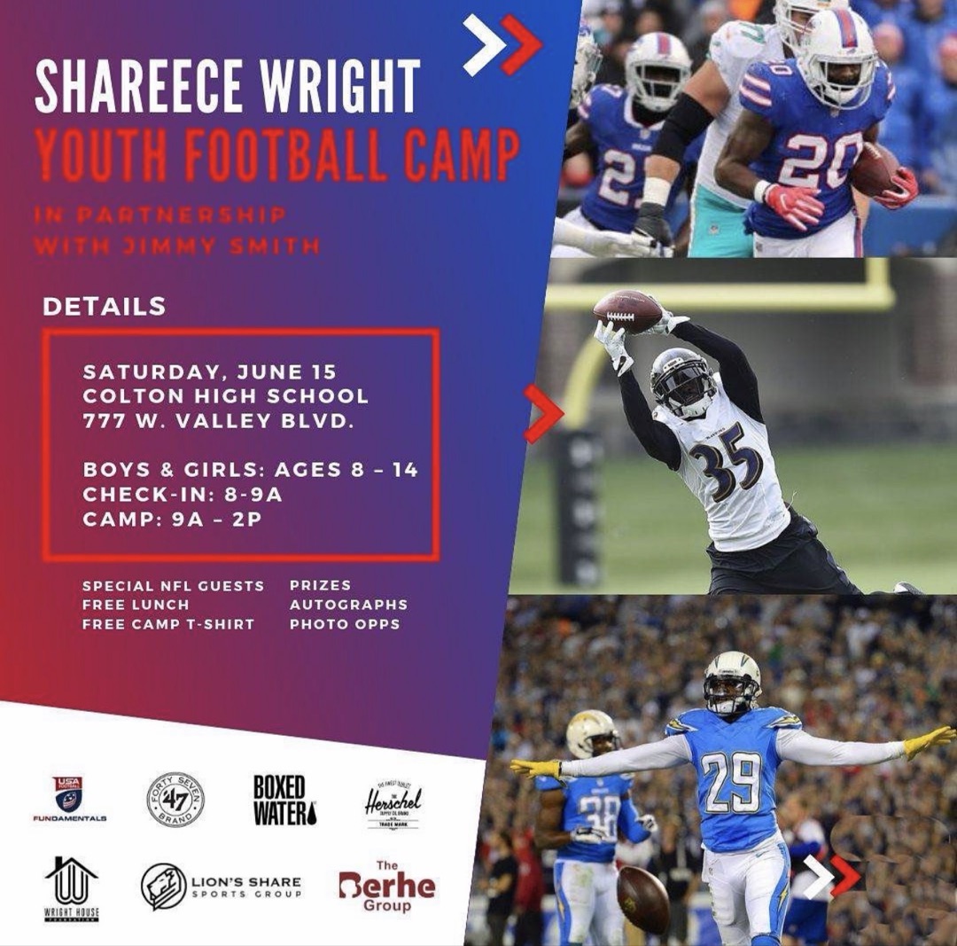 Shareece Wright Youth Football Camp flyer in partnership with Jimmy Smith, featuring action photos from Bills, Ravens, and Chargers