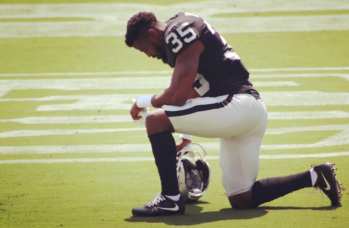 Shareece Wright #35 — Oakland Raiders taking a knee